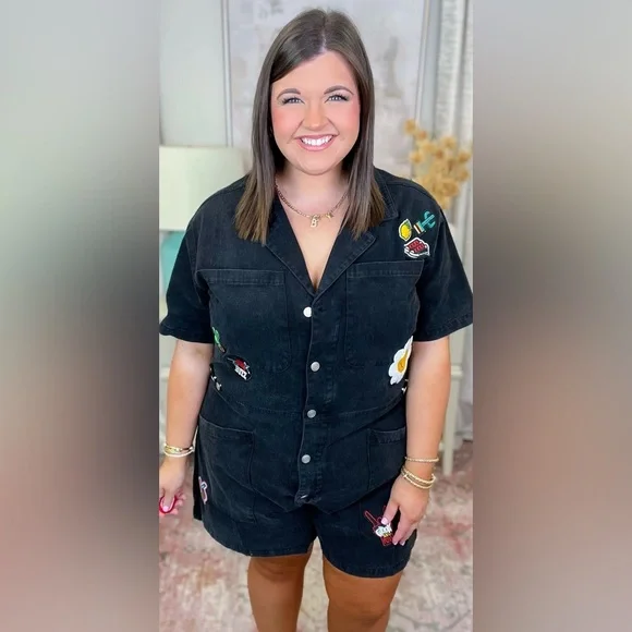 Jade by Jane Black Patch Button Up Romper Jumpsuit - NWT - Picture 7 of 11